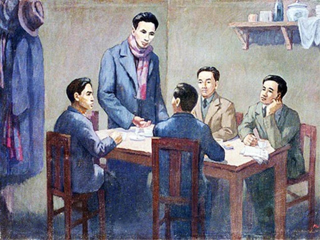 Hội nghị thành lập Đảng Cộng sản Việt Nam ngày 3/2/1930. (Ảnh chụp lại tranh của họa sĩ Phi Hoanh tại Bảo tàng Lịch sử Quốc gia).