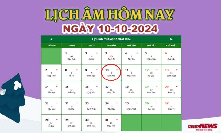 Xem lịch âm hôm nay ngày 10/10/2024